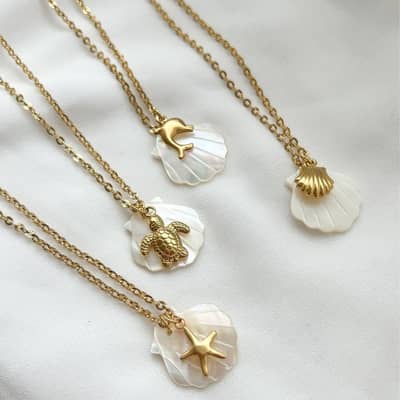 Cute Stainless Steel Dolphin Sea Turtle Starfish Seashell Necklace Waterproof Silver Jewelry detail 3