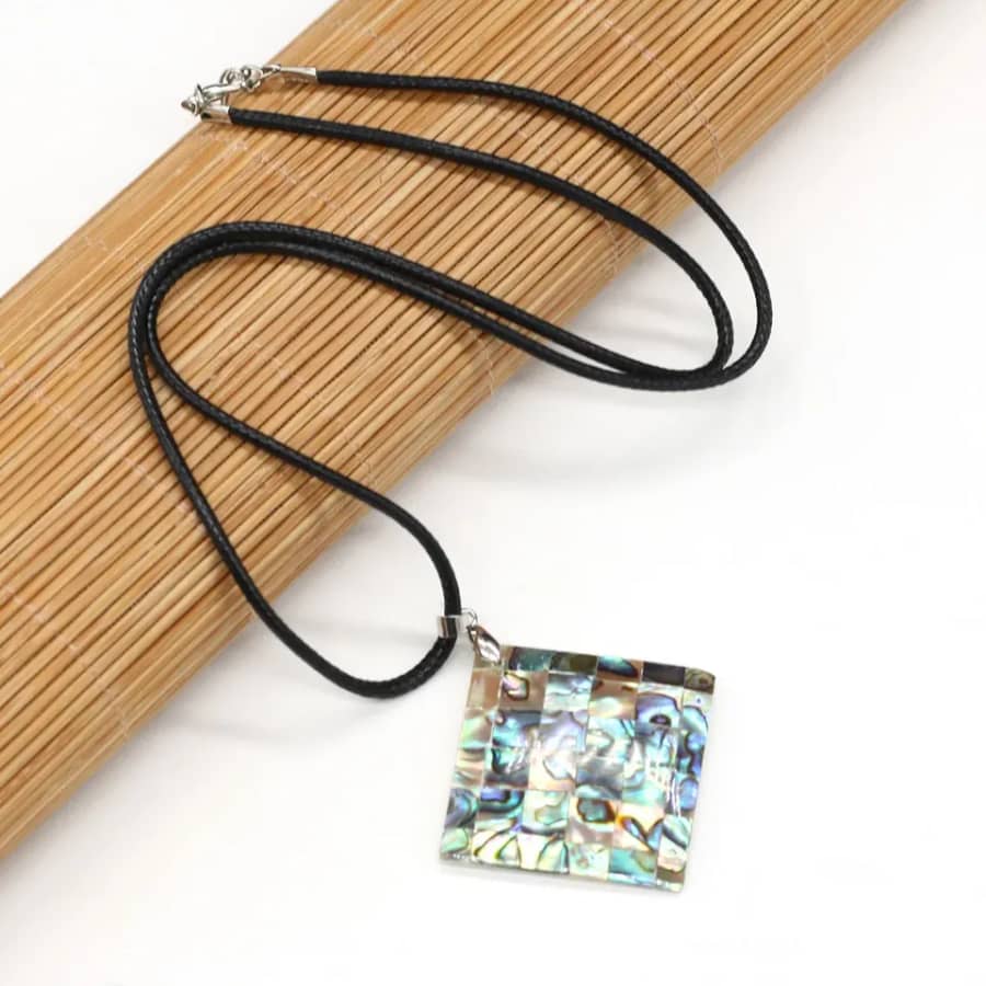 Natural Abalone Shell Quadrilateral Pendant Leather Rope Necklace With Chain - main