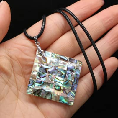 Natural Abalone Shell Quadrilateral Pendant Leather Rope Necklace With Chain detail 3