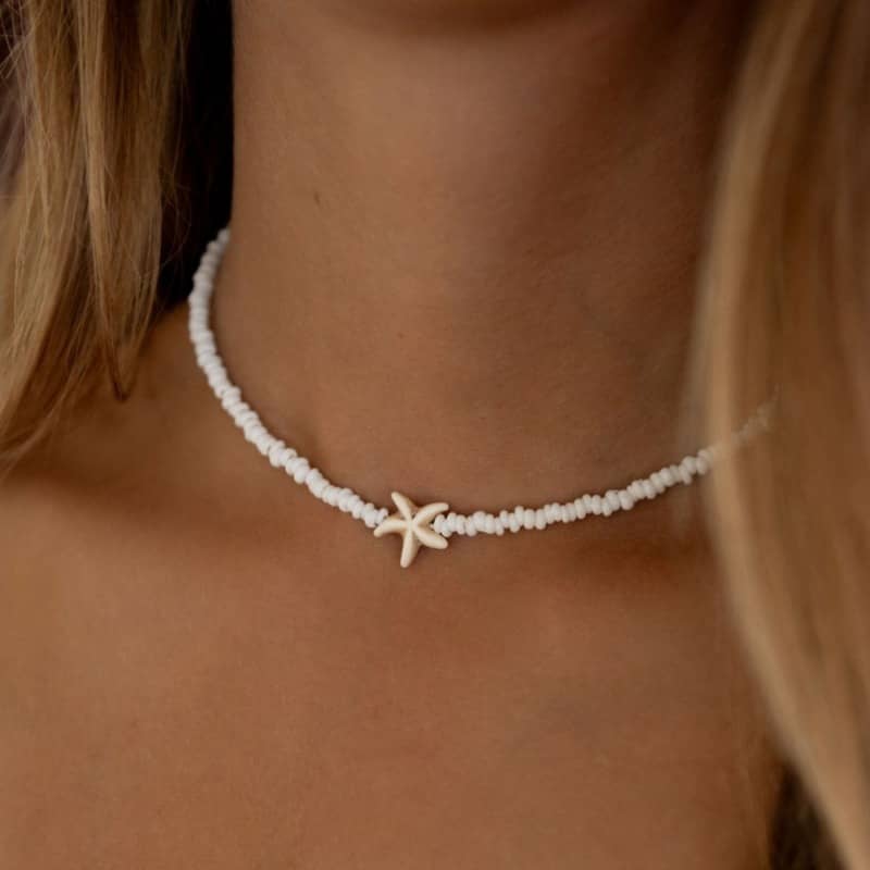 Tidepool Starfish Surf Beach Boho Adjustable Shell Beaded Choker With Turtle Charm - main