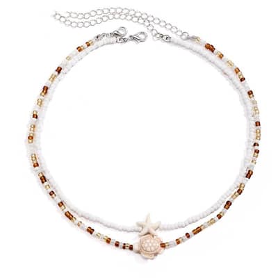Tidepool Starfish Surf Beach Boho Adjustable Shell Beaded Choker With Turtle Charm detail 4