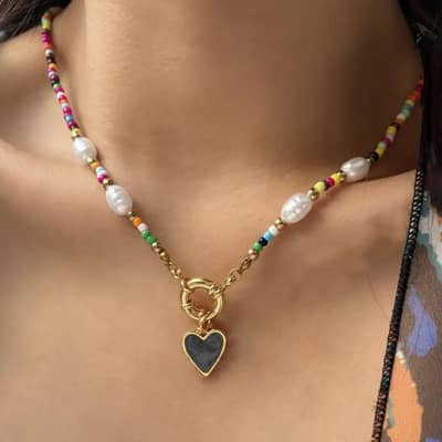Bohemian Link Chain Necklace White Heart Pendant Colorful Beads Valentine's Anniversary Jewelry detail 2