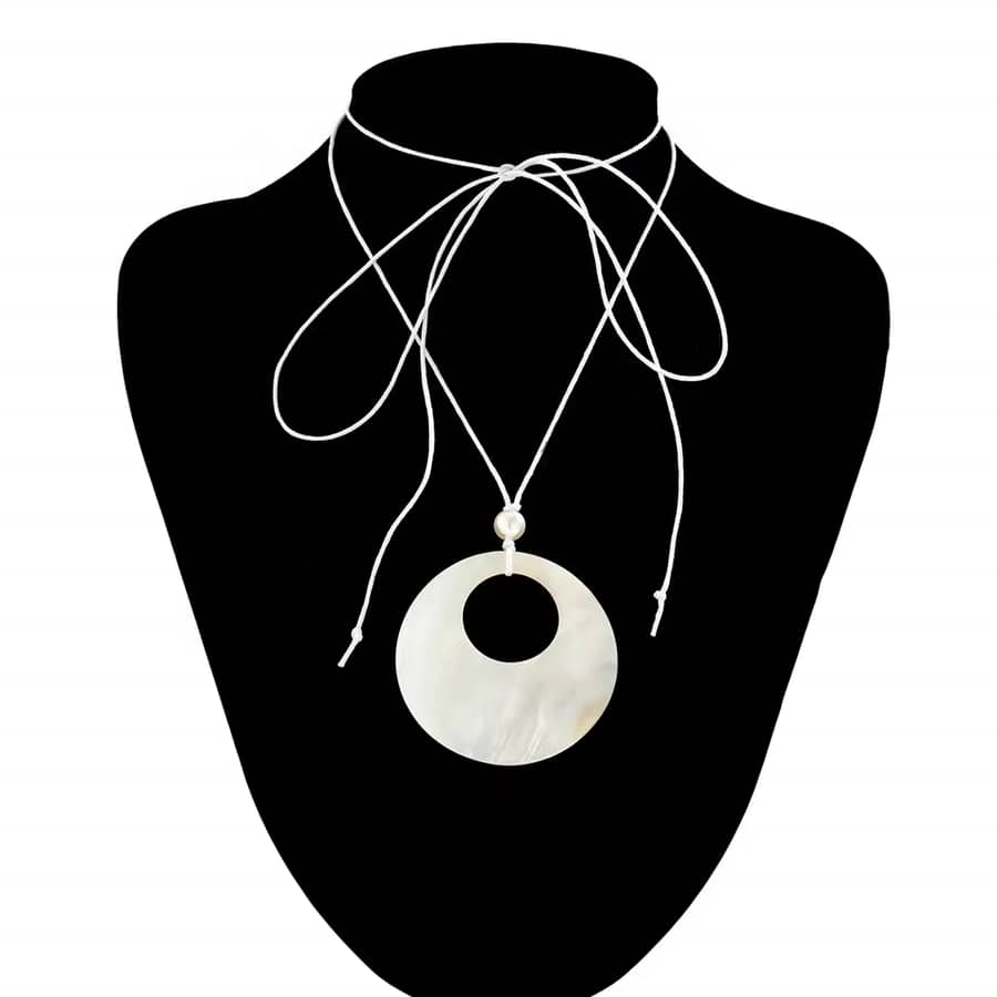 Boho Geometric Round White Shell Pendant Necklace Trendy Beach Jewelry Adjustable Wax Rope Chain - main
