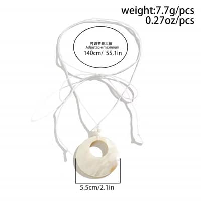 Boho Geometric Round White Shell Pendant Necklace Trendy Beach Jewelry Adjustable Wax Rope Chain detail 4
