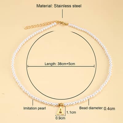 Stainless Steel Initial Pendant Necklace With Simulated Pearls And Name Bead Choker detail 3