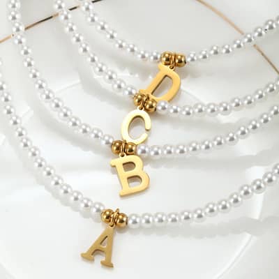 Stainless Steel Initial Pendant Necklace With Simulated Pearls And Name Bead Choker detail 4