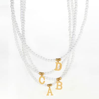 Stainless Steel Initial Pendant Necklace With Simulated Pearls And Name Bead Choker detail 5
