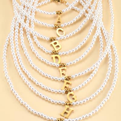 Stainless Steel Initial Pendant Necklace With Simulated Pearls And Name Bead Choker detail 6
