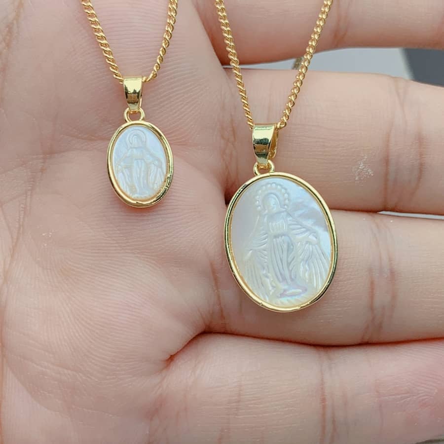 White Virgin Mary Pendant Necklace Natural Mother Pearl Shell Charm Gold Plating Religious Jewelry Brass - main