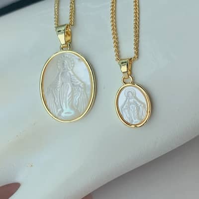 White Virgin Mary Pendant Necklace Natural Mother Pearl Shell Charm Gold Plating Religious Jewelry Brass detail 6