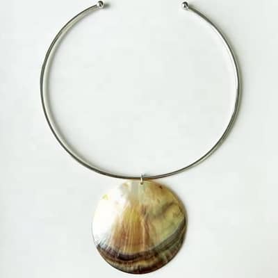 Natural Big Round Mother of Pearl Pendant Choker Stainless Steel Necklace Silver Gold Bohemian Accessories detail 1