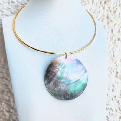 Natural Big Round Mother of Pearl Pendant Choker Stainless Steel Necklace Silver Gold Bohemian Accessories detail 3