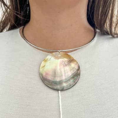 Natural Big Round Mother of Pearl Pendant Choker Stainless Steel Necklace Silver Gold Bohemian Accessories detail 4