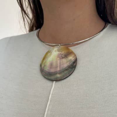 Natural Big Round Mother of Pearl Pendant Choker Stainless Steel Necklace Silver Gold Bohemian Accessories detail 5