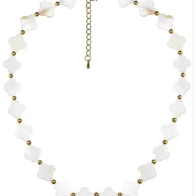 Gold Plated Natural Mother of Pearl Choker Necklace Stainless Steel Floral Beaded Collar detail 2
