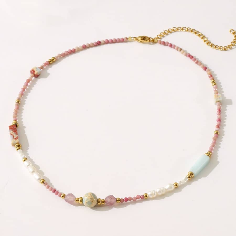 INS Style Red Patterned Stone Natural Pearl Necklace Waterproof Titanium Steel Bead Necklace - main