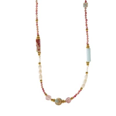 INS Style Red Patterned Stone Natural Pearl Necklace Waterproof Titanium Steel Bead Necklace detail 5