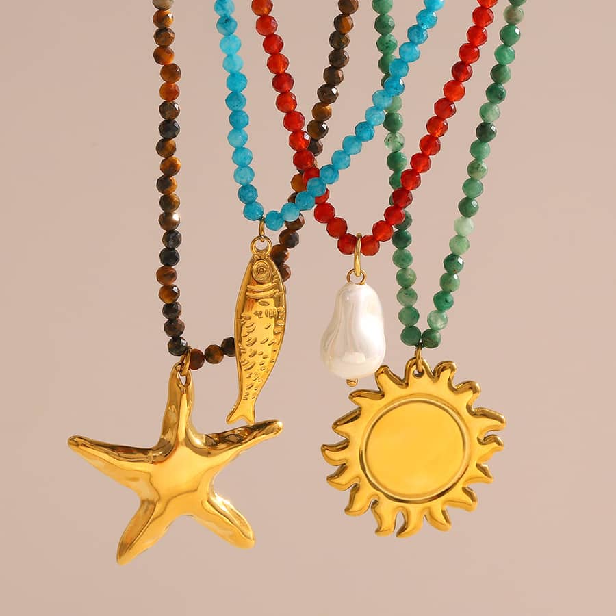 INS Style Natural Stone Sun Starfish Salmon Pearl Pendant Necklace Stainless Steel 18K Gold Bead Jewelry - main