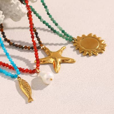 INS Style Natural Stone Sun Starfish Salmon Pearl Pendant Necklace Stainless Steel 18K Gold Bead Jewelry detail 3