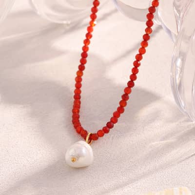 INS Style Natural Stone Sun Starfish Salmon Pearl Pendant Necklace Stainless Steel 18K Gold Bead Jewelry detail 4