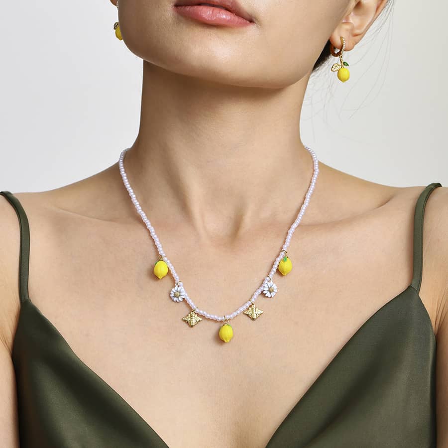 18K Gold Plated Lemon Daisy Shell Bead Pearl Resin Pendant Necklace Stainless Steel - main