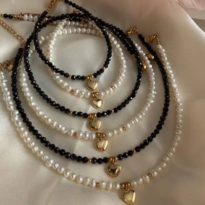 Natural Pearl Necklace Stainless Steel Beads With Heart Pendant 18K Gold Jewelry detail 1