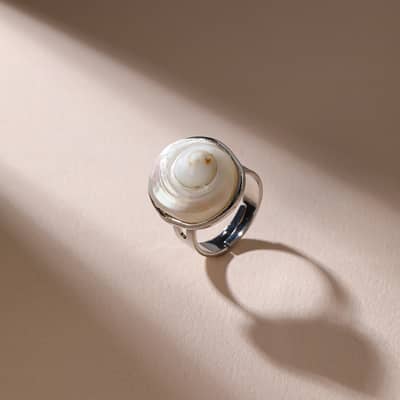Minimalist White Shell Ring with Copper Bezel Adjustable Wedding Jewelry detail 1