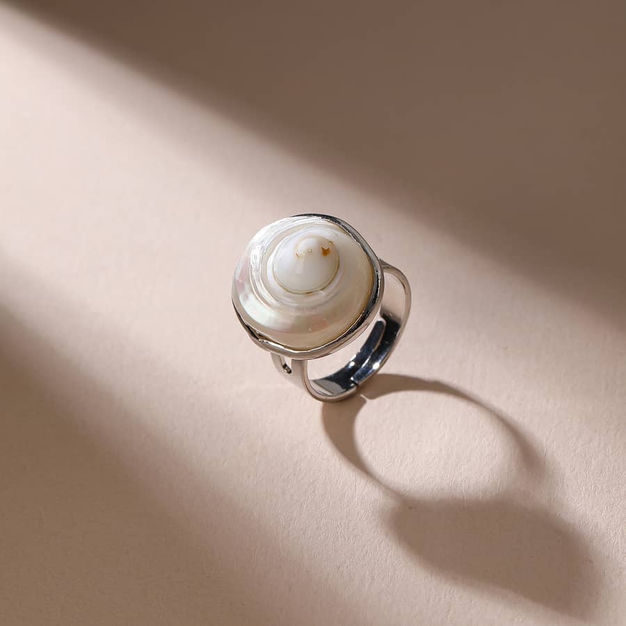 Minimalist White Shell Ring with Copper Bezel Adjustable Wedding Jewelry - main