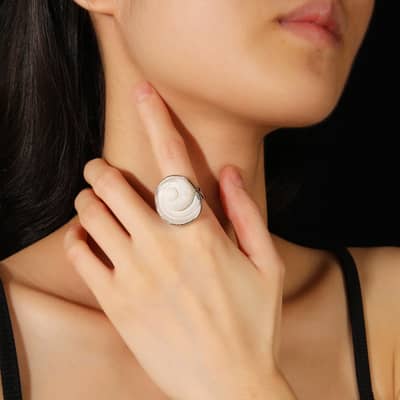 Minimalist White Shell Ring with Copper Bezel Adjustable Wedding Jewelry detail 2
