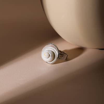 Minimalist White Shell Ring with Copper Bezel Adjustable Wedding Jewelry detail 5