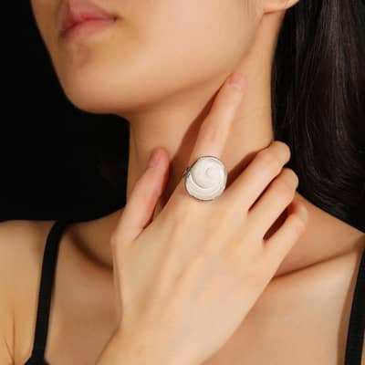 Minimalist White Shell Ring with Copper Bezel Adjustable Wedding Jewelry detail 6