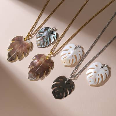 Bohemian White Grey Purple Shell Leaf Pendant Necklace Copper Chain Claw Setting Wedding Anniversary detail 1