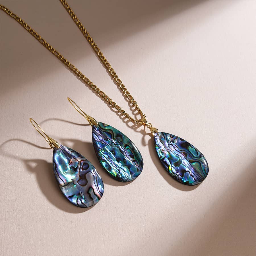 Vintage Natural Abalone Shell Earrings Necklace Set 18K Gold Plated Copper Chain Birthday Gift - main