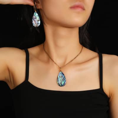 Vintage Natural Abalone Shell Earrings Necklace Set 18K Gold Plated Copper Chain Birthday Gift detail 2