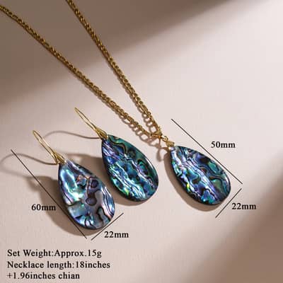Vintage Natural Abalone Shell Earrings Necklace Set 18K Gold Plated Copper Chain Birthday Gift detail 3