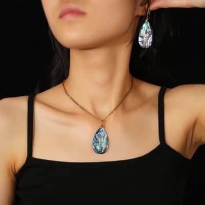 Vintage Natural Abalone Shell Earrings Necklace Set 18K Gold Plated Copper Chain Birthday Gift detail 6