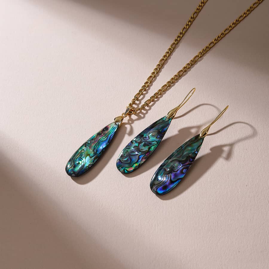 Teardrop Abalone Shell Pendant Jewelry Set Necklace Earrings Silver Gold Chain Party Gift - main