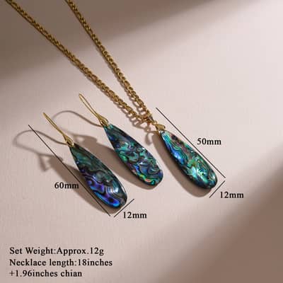 Teardrop Abalone Shell Pendant Jewelry Set Necklace Earrings Silver Gold Chain Party Gift detail 3