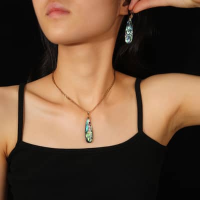 Teardrop Abalone Shell Pendant Jewelry Set Necklace Earrings Silver Gold Chain Party Gift detail 6