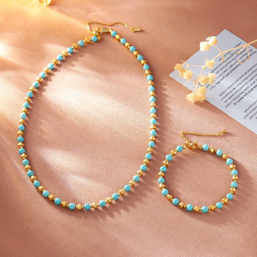 Trending Bohemian Handmade Turquoise Beaded Necklace Bracelet Set - main