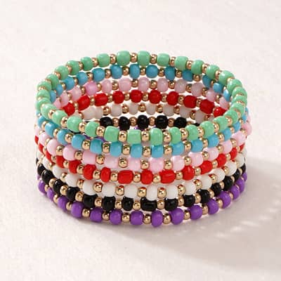 Boho Ethnic Style Rainbow-Colored Rice Bead Bracelets Elastic Stretch Bracelets detail 5