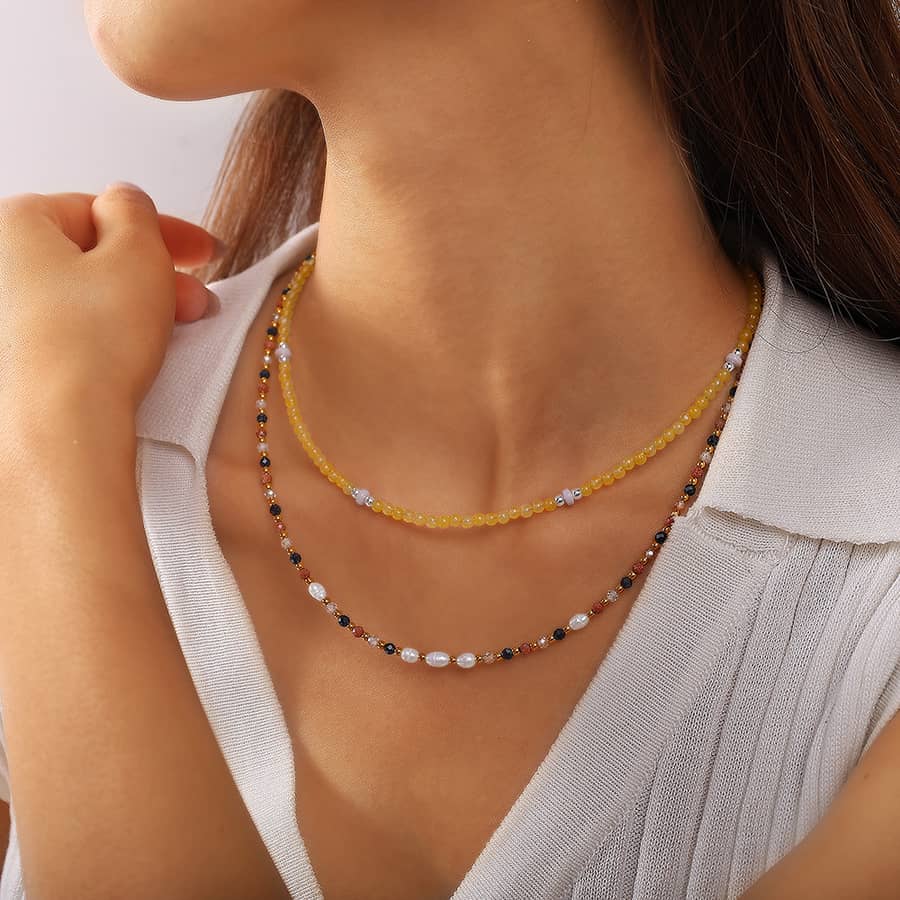 Bohemian Stylish Blue And Yellow Natural Stone Beaded Necklace Coloured Chain - main