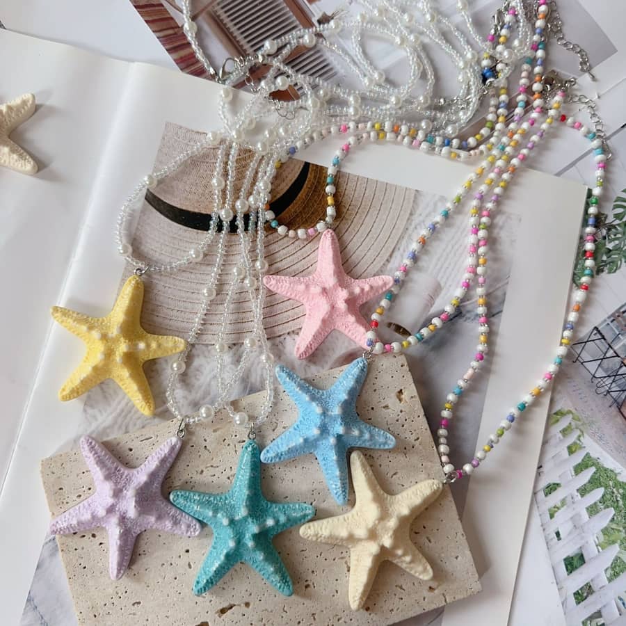 Boho Handmade Colorful Seed Bead Long Necklace With Big Starfish Pendant Necklace Girls Summer Vacation - main