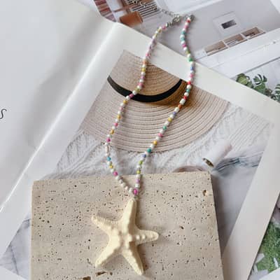 Boho Handmade Colorful Seed Bead Long Necklace With Big Starfish Pendant Necklace Girls Summer Vacation detail 4