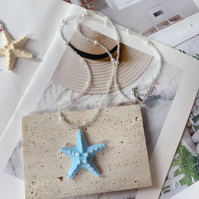 Boho Handmade Colorful Seed Bead Long Necklace With Big Starfish Pendant Necklace Girls Summer Vacation detail 5