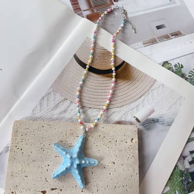 Boho Handmade Colorful Seed Bead Long Necklace With Big Starfish Pendant Necklace Girls Summer Vacation detail 6