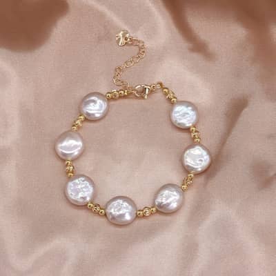 Baroque Freshwater Round Coin Pearl Handmade Bead Bracelet With Closure Clasp detail 1