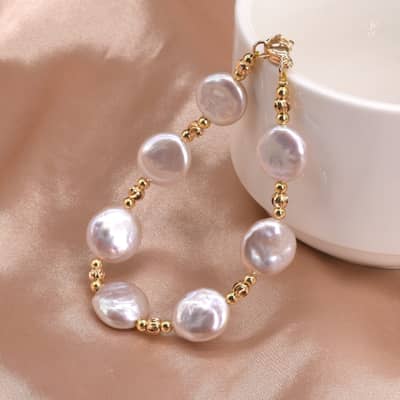 Baroque Freshwater Round Coin Pearl Handmade Bead Bracelet With Closure Clasp detail 2