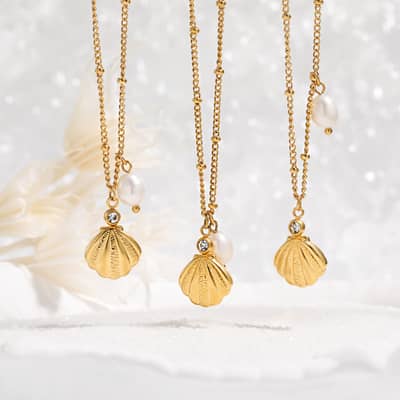 Freshwater Pearl Pendant Choker Necklace Steel Beads Seashell Gold Plated detail 1