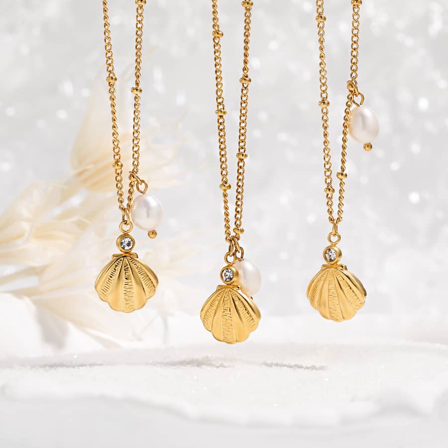 Freshwater Pearl Pendant Choker Necklace Steel Beads Seashell Gold Plated - main
